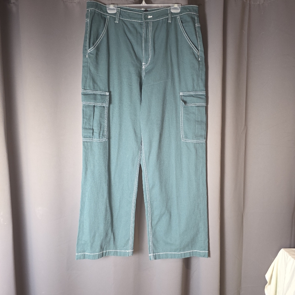 H&M Divided Cargo Pants Women’s 16 Teal Green‎ Utility Carpenter Wide Leg Y2K